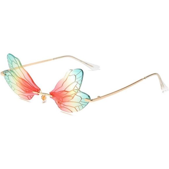 ?Women Pink Dragonfly Wing Shape Frameless Irregular Shades Party Sun Glasses main image 7